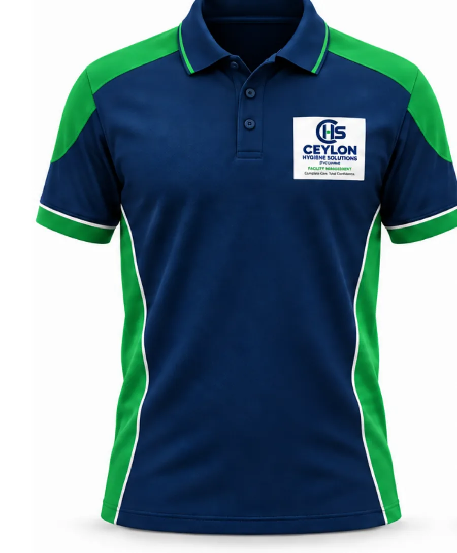 CHS staff uniform — navy and green polo shirt