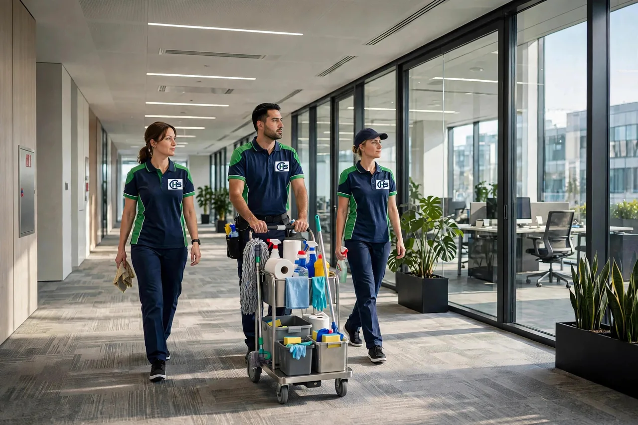 CHS cleaning team starting the day in a corporate corridor