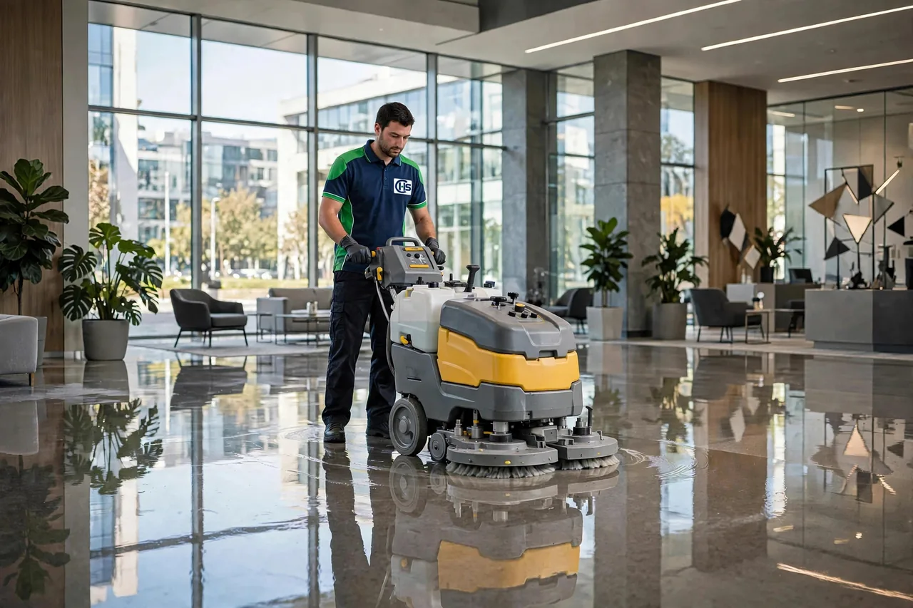 Floor scrubber machines operated by a CHS uniformed cleaner