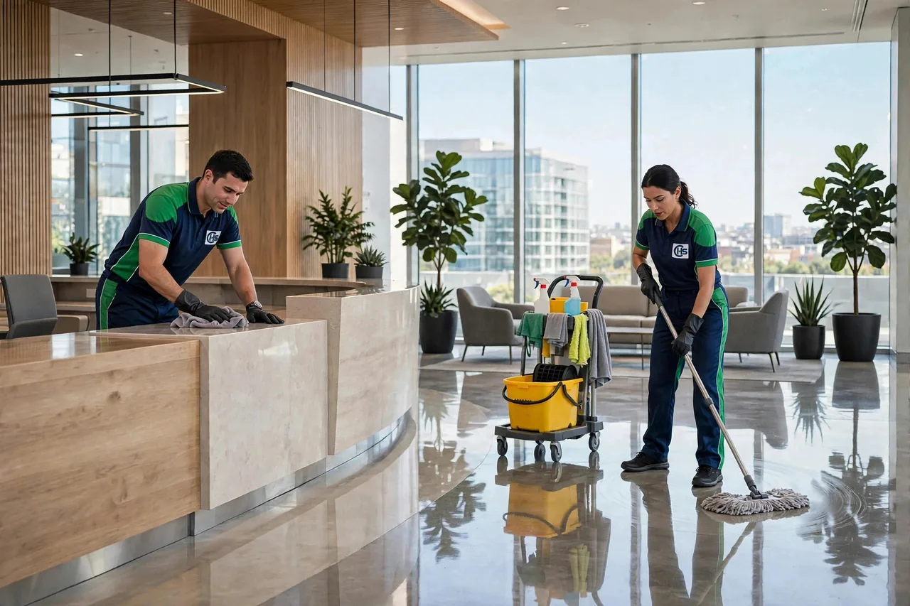 CHS cleaning crew at work in a corporate reception lobby